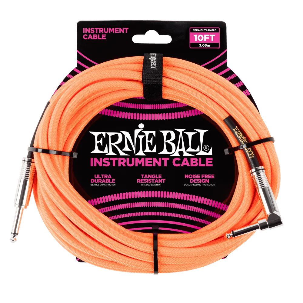 Ernie Ball 10ft Braided Instrument Cable - Straight to Angled - Neon Orange