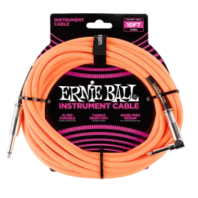 Ernie Ball 10ft Braided Instrument Cable - Straight to Angled - Neon Orange