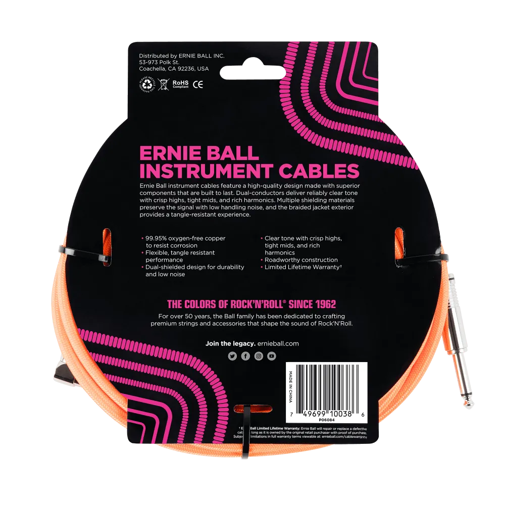 Ernie Ball 18 Braided Straight / Angle Instrument Cable - Neon Orange