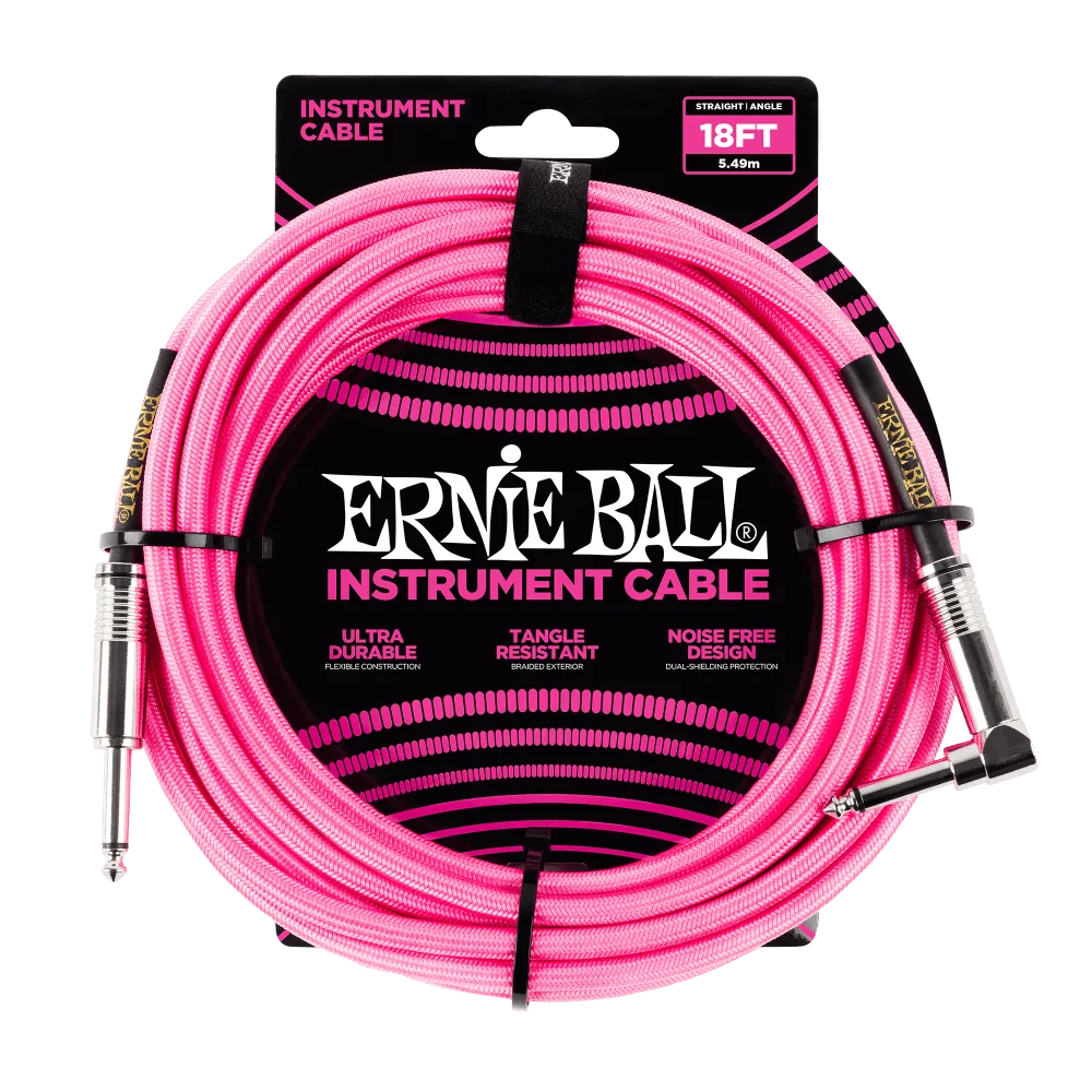 Ernie Ball 18ft Braided Instrument Cable - Straight to Angled - Neon Pink