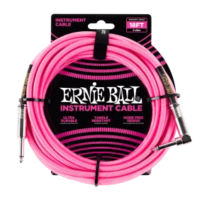 Ernie Ball 18ft Braided Instrument Cable - Straight to Angled - Neon Pink