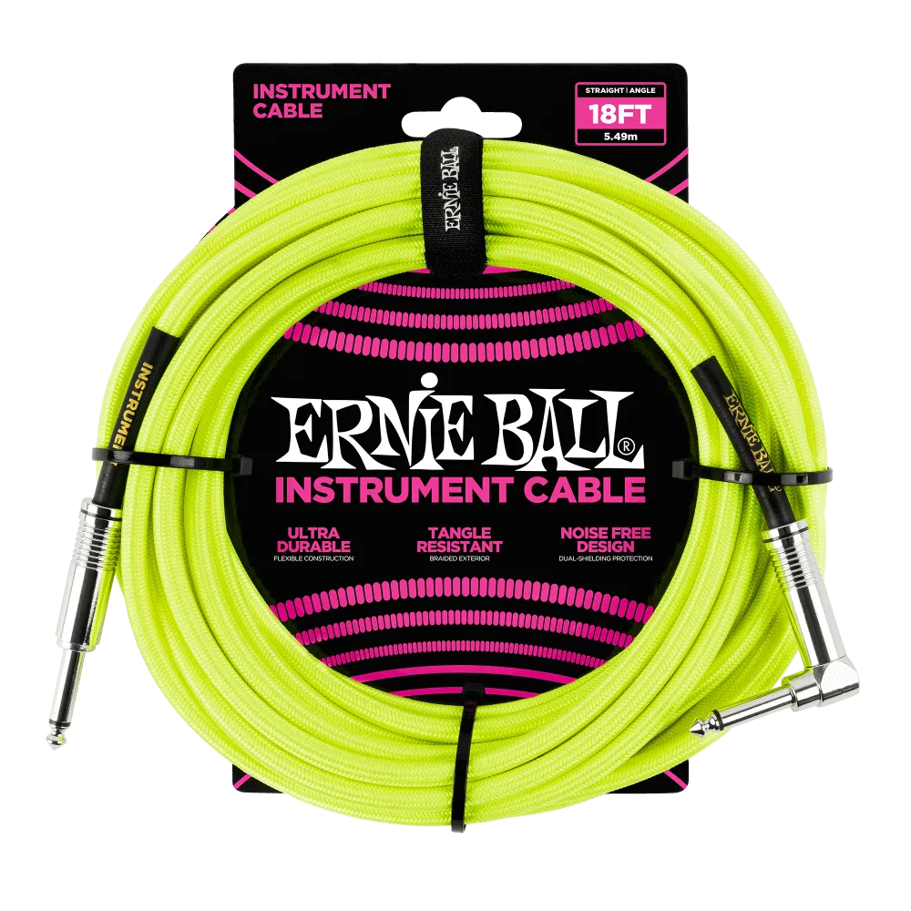 Ernie Ball 18ft Braided Instrument Cable - Straight to Angled - Neon Yellow