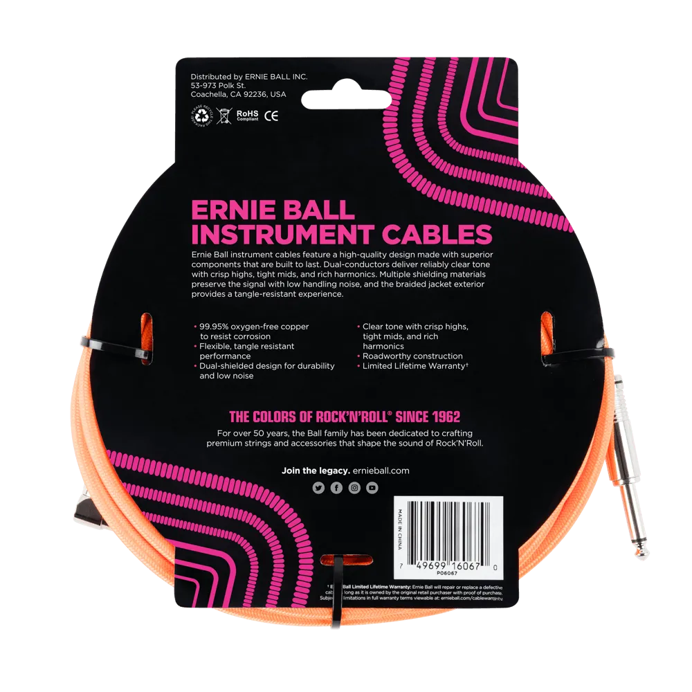 Ernie Ball 25 Braided Straight / Angle Instrument Cable - Neon Orange