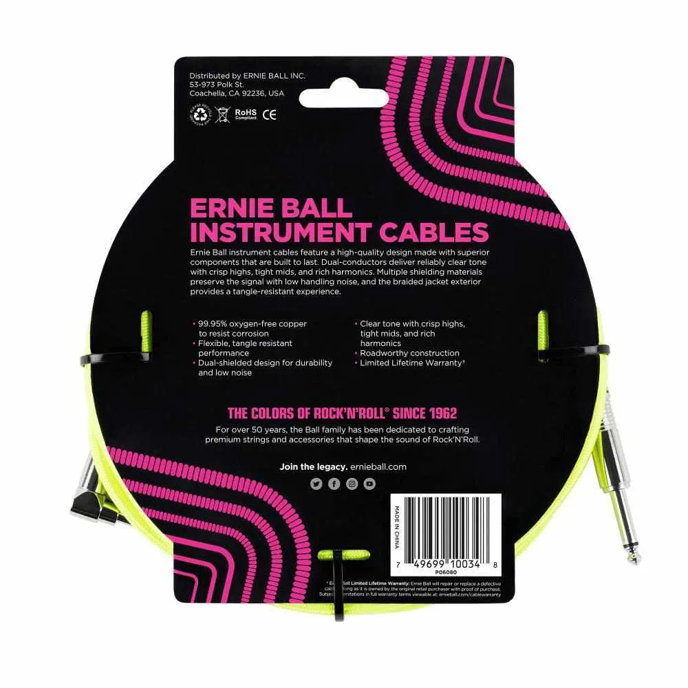 Ernie Ball 3 Meters Braided Straight / Angle Inst Cable, Neon Yellow