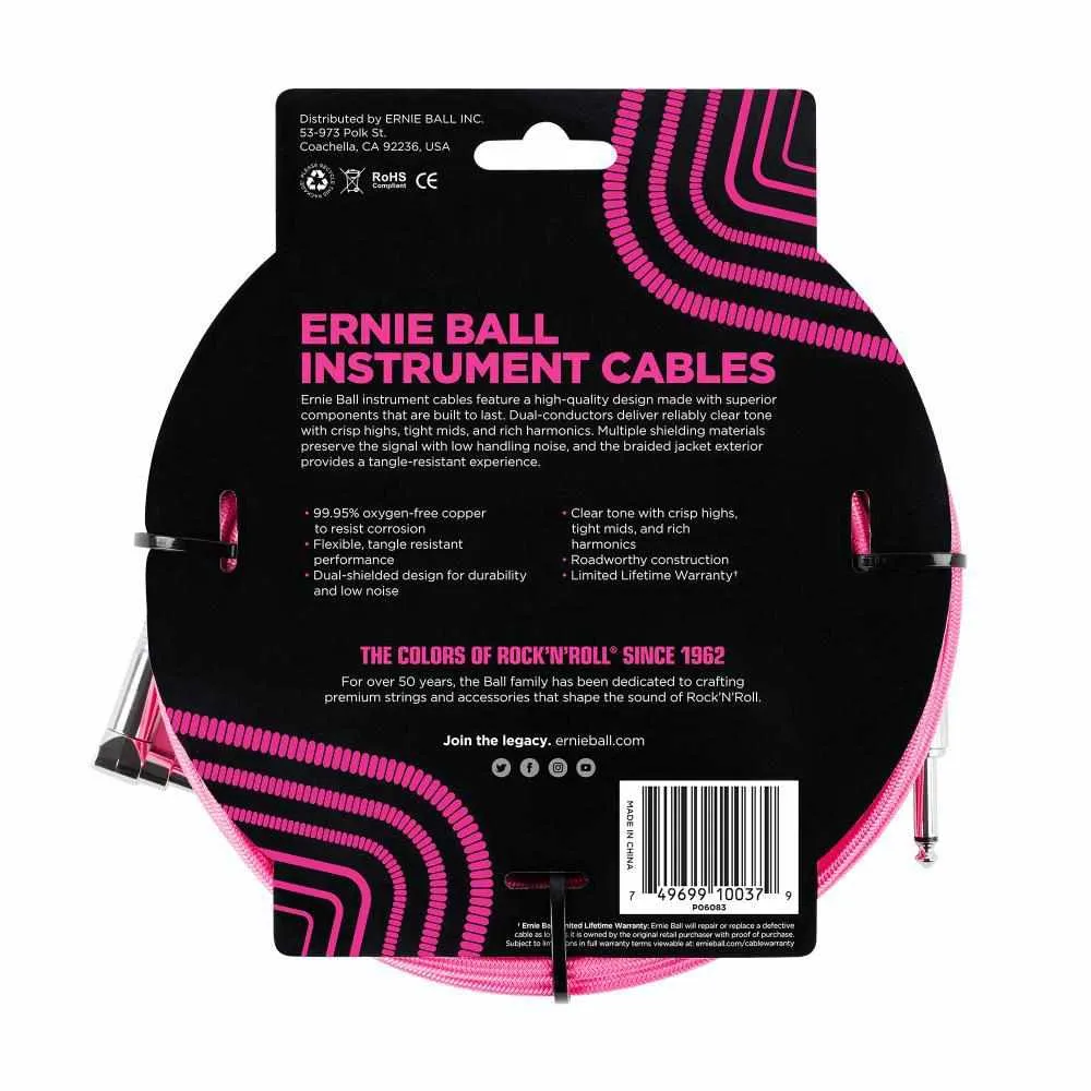 Ernie Ball 5.5 Meters Braided Straight / Angle Inst Cable, Neon Pink