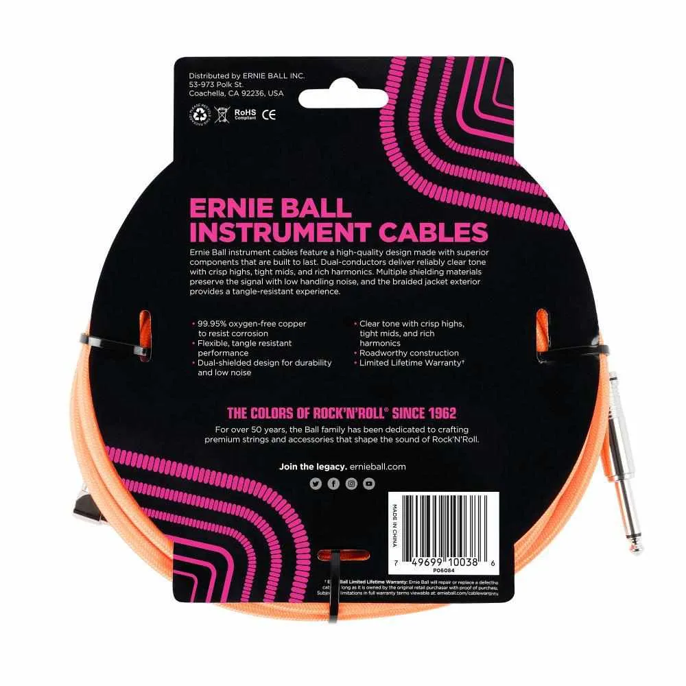 Ernie Ball 5.5 MetersBraided Straight / Angle Inst Cable, Neon Orange