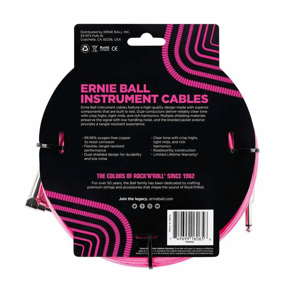 Ernie Ball 7.5 Meter Braided Straight / Angle Instrument Cable Neon Pink