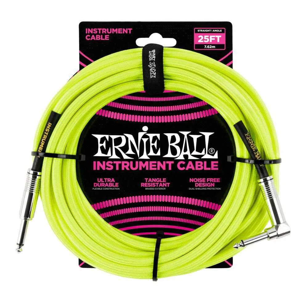 Ernie Ball 7.5 Meter Braided Straight / Angle Instrument Cable Neon, Yellow