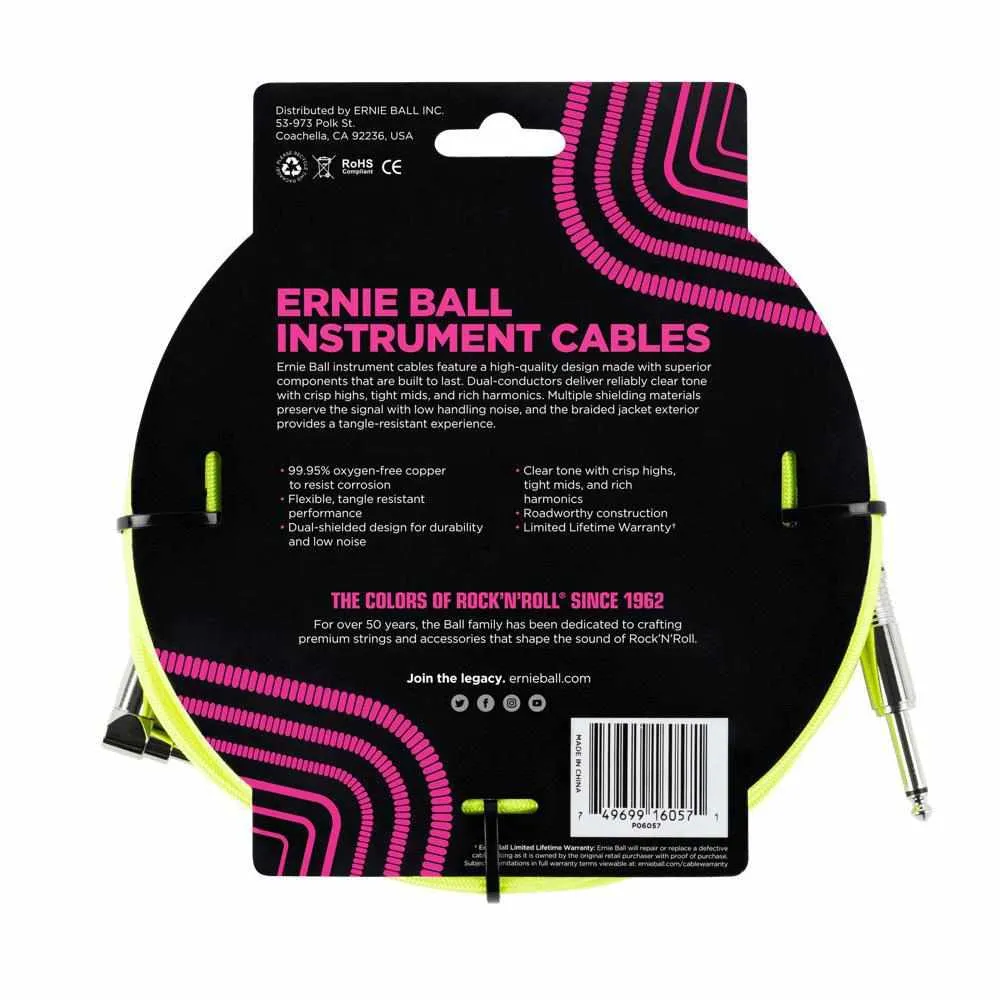 Ernie Ball 7.5 Meter Braided Straight / Angle Instrument Cable Neon, Yellow