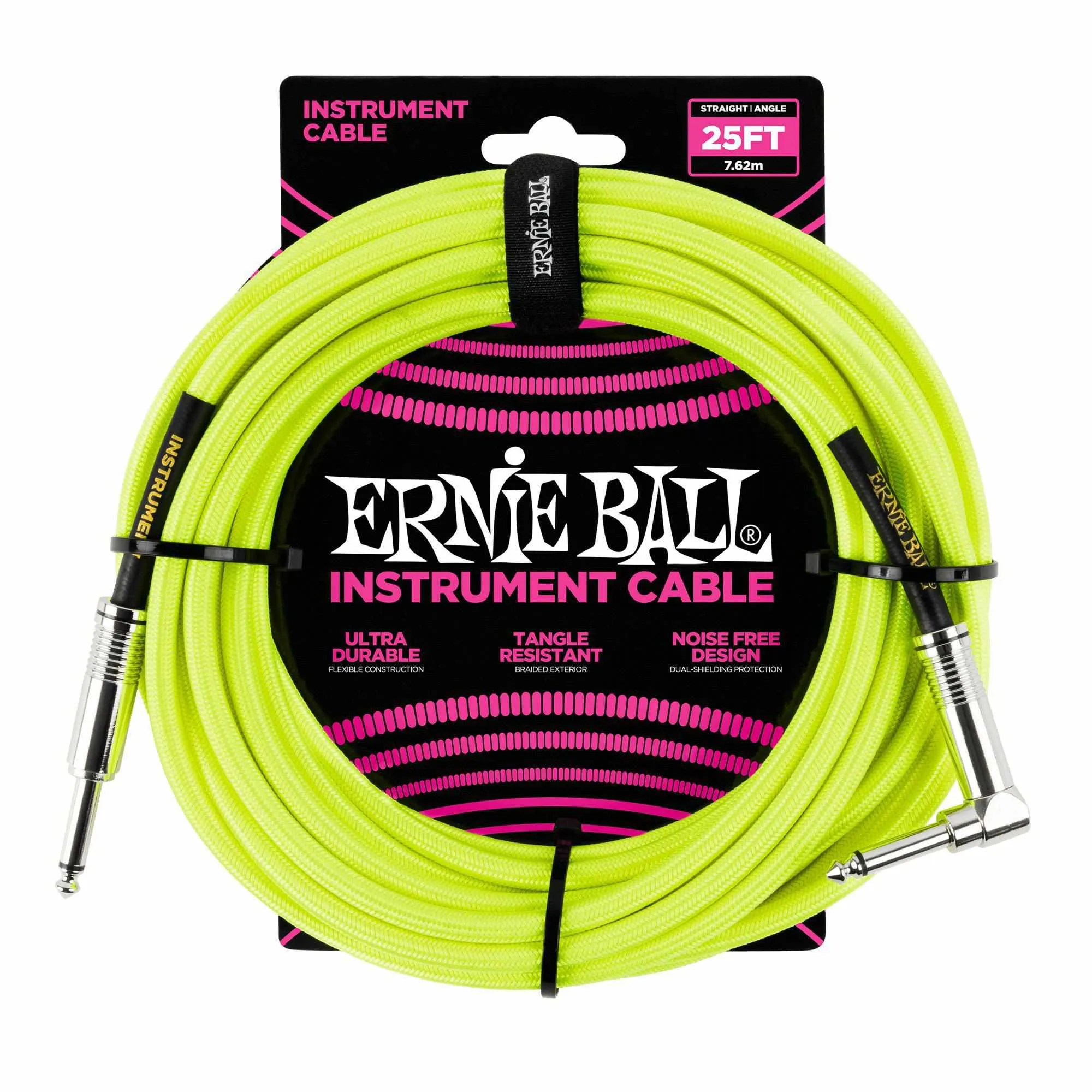 Ernie Ball 7.5 Meter Braided Straight / Angle Instrument Cable Neon, Yellow