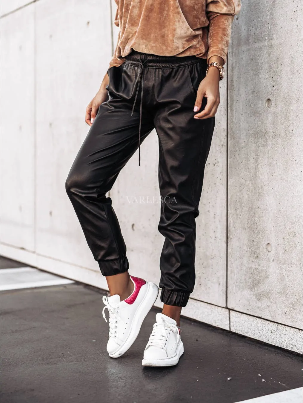 FAUX LEATHER DRAWSTRING JOGGERS/BLACK