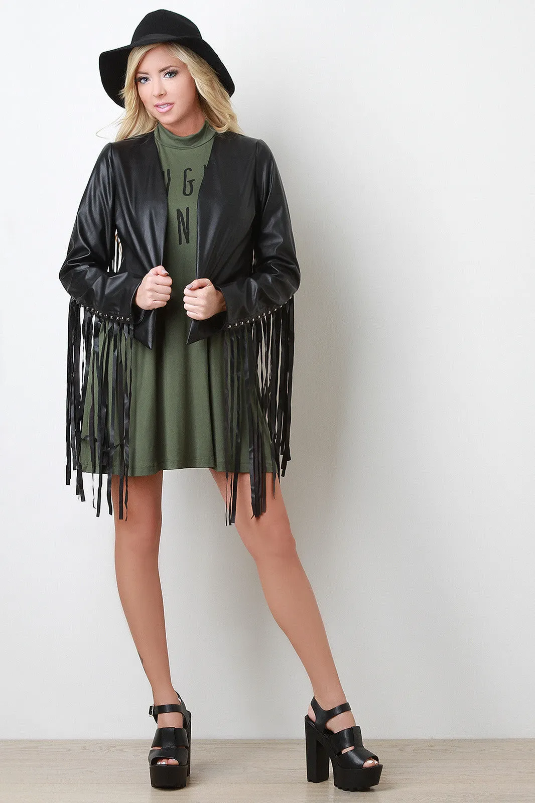 Fringe And Studs Vegan Leather Jacket