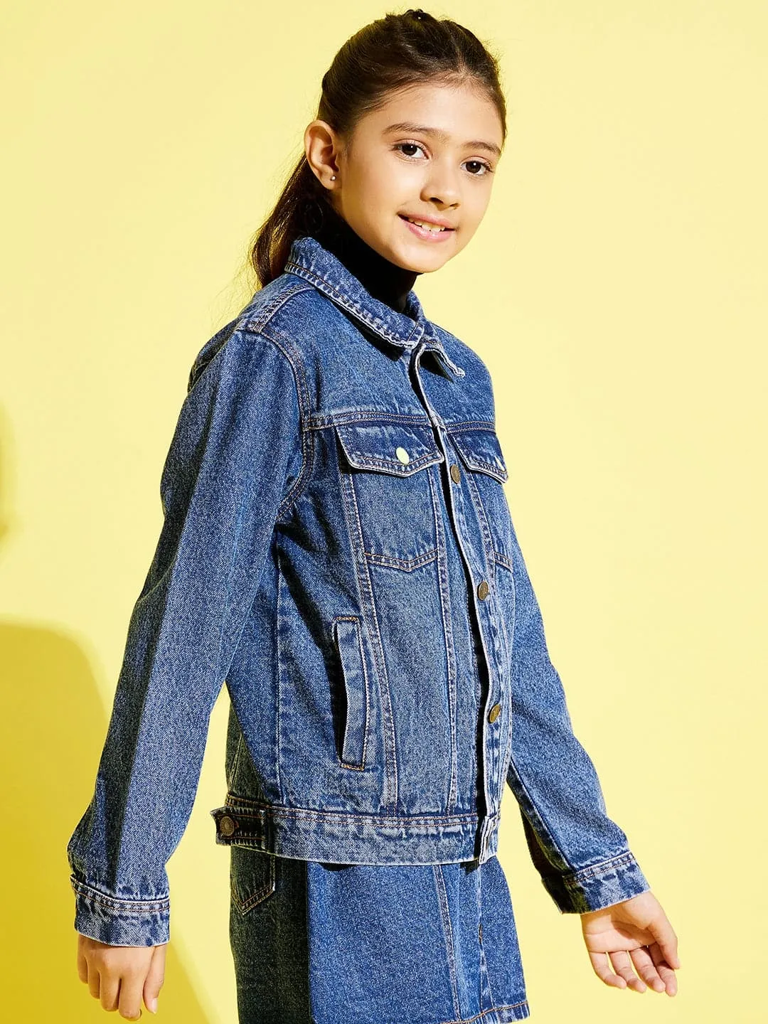 Girls Blue Neon Button Denim Jacket - Lyush Kids