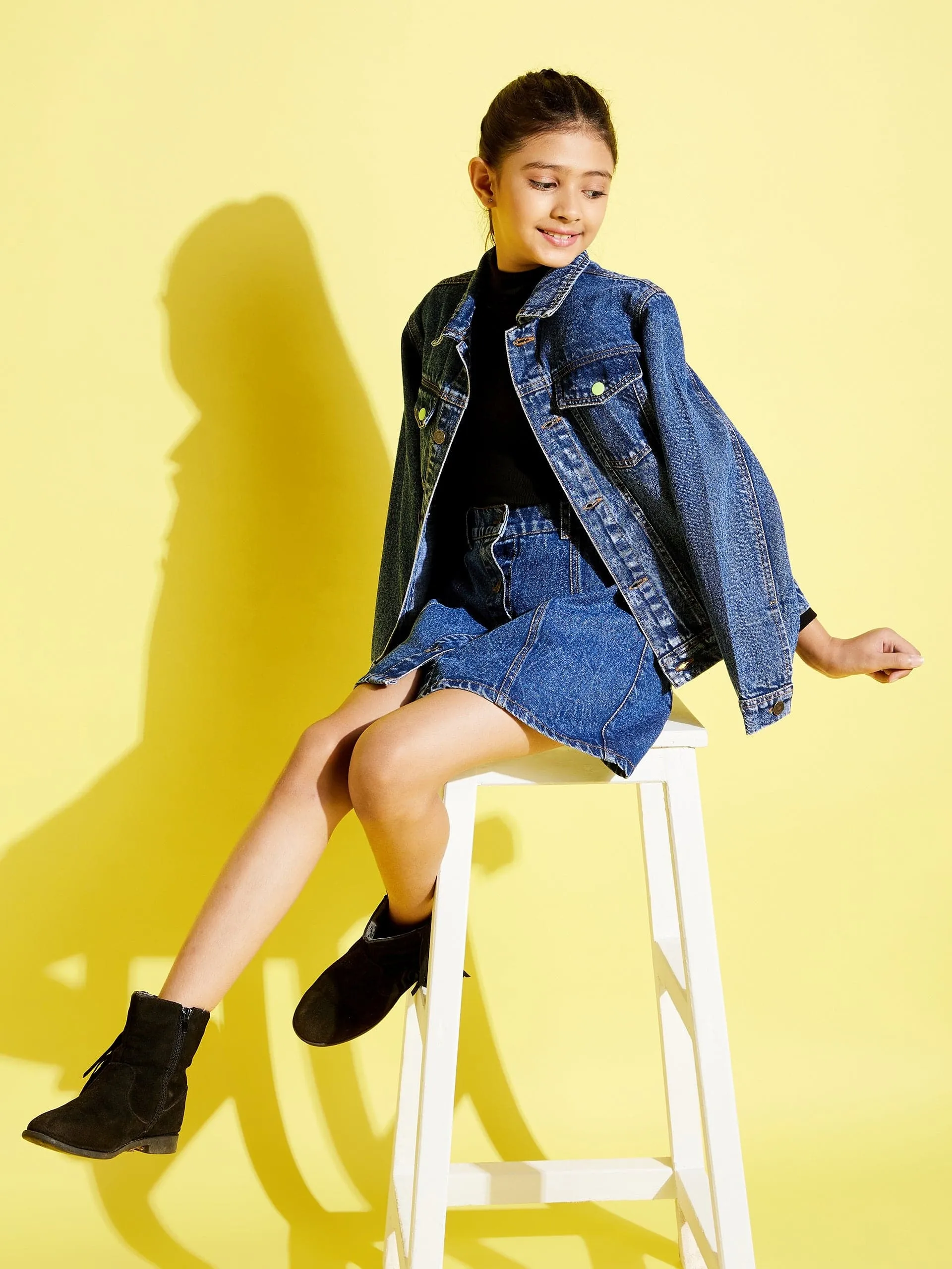 Girls Blue Neon Button Denim Jacket - Lyush Kids