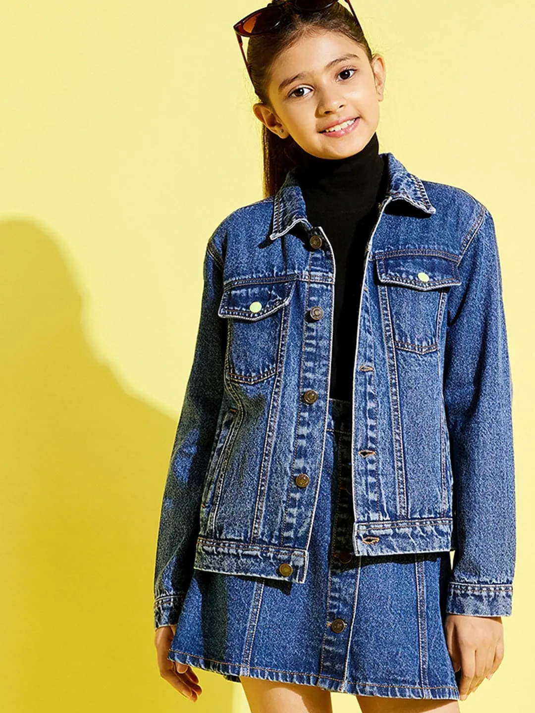 Girls Blue Neon Button Denim Jacket - Lyush Kids