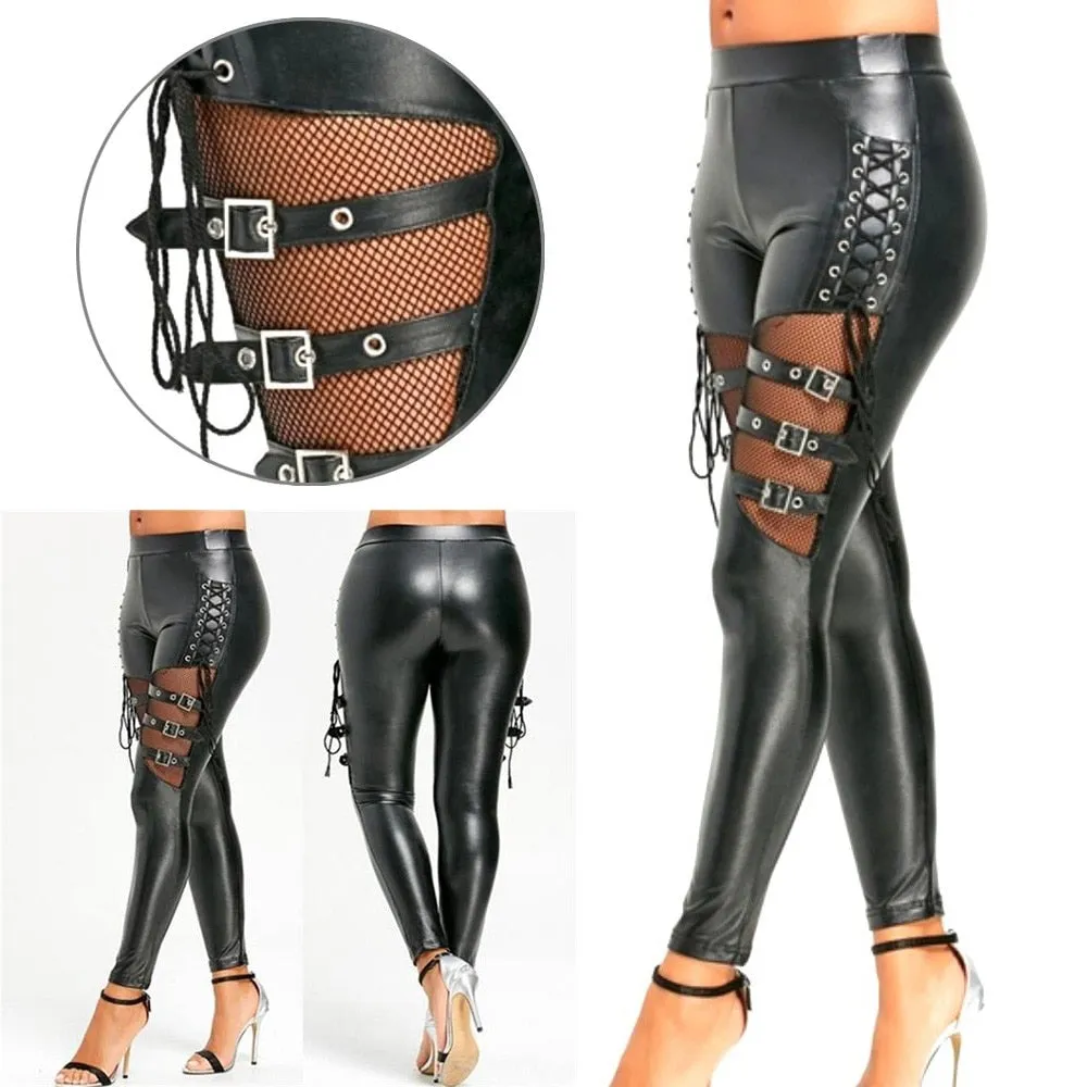 Gothic Punk Leggings Fishnet Trim Lace Pant Faux PU Leather  Pencil Pants