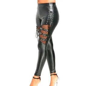 Gothic Punk Leggings Fishnet Trim Lace Pant Faux PU Leather  Pencil Pants