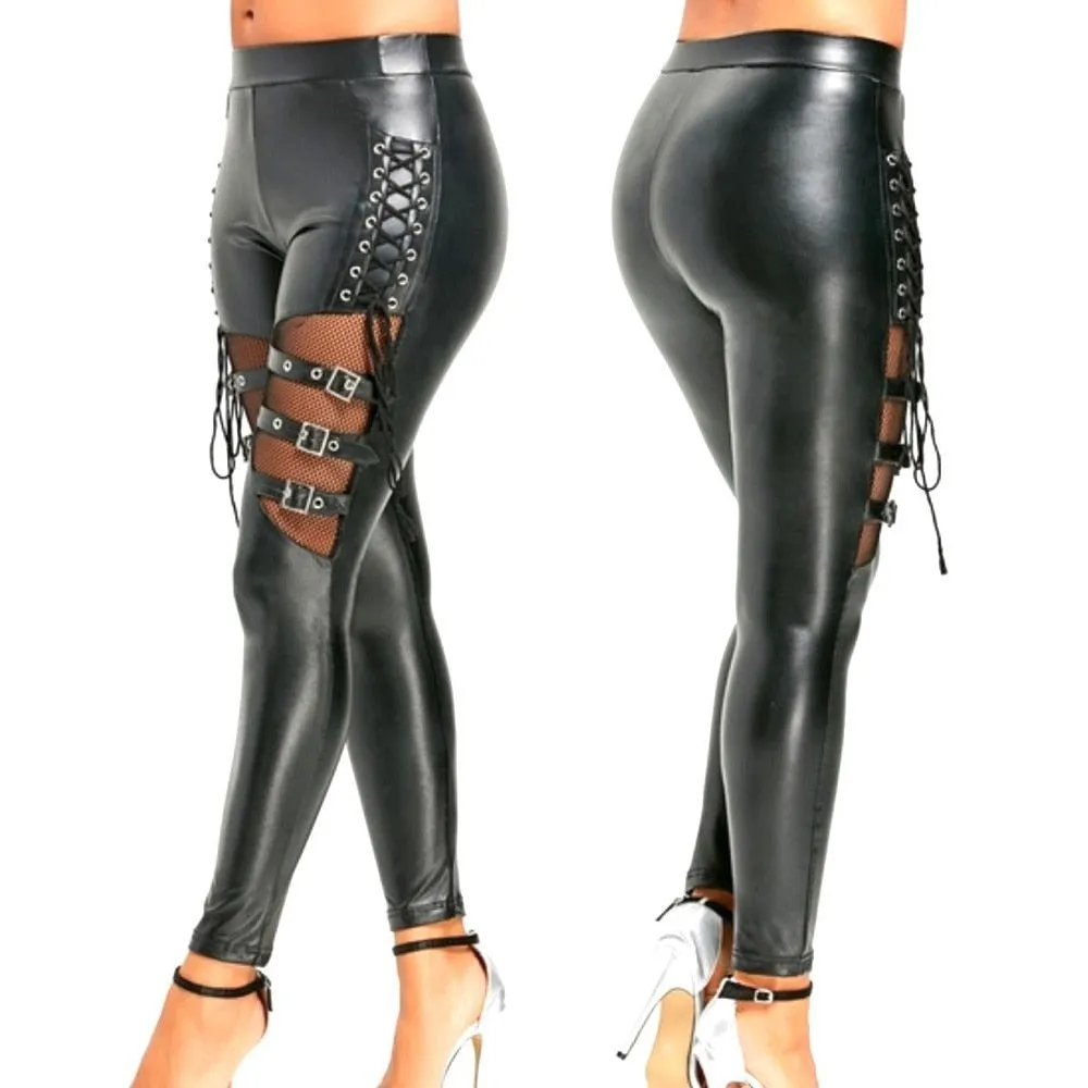 Gothic Punk Leggings Fishnet Trim Lace Pant Faux PU Leather  Pencil Pants