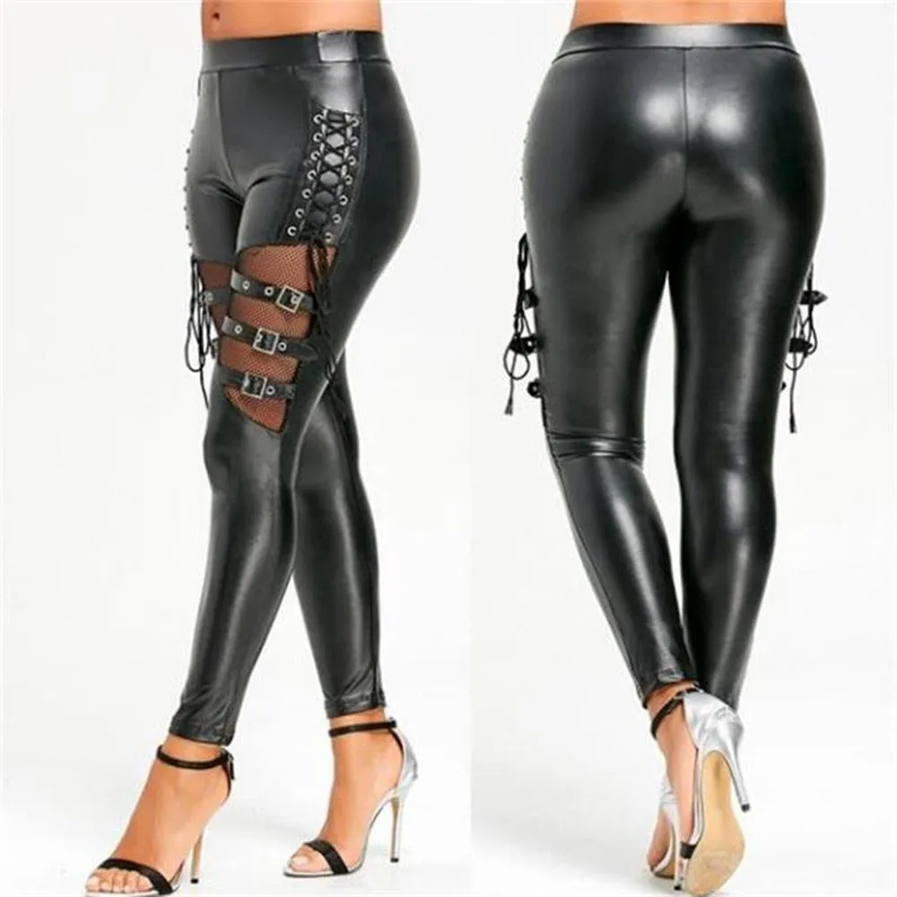 Gothic Punk Leggings Fishnet Trim Lace Pant Faux PU Leather  Pencil Pants