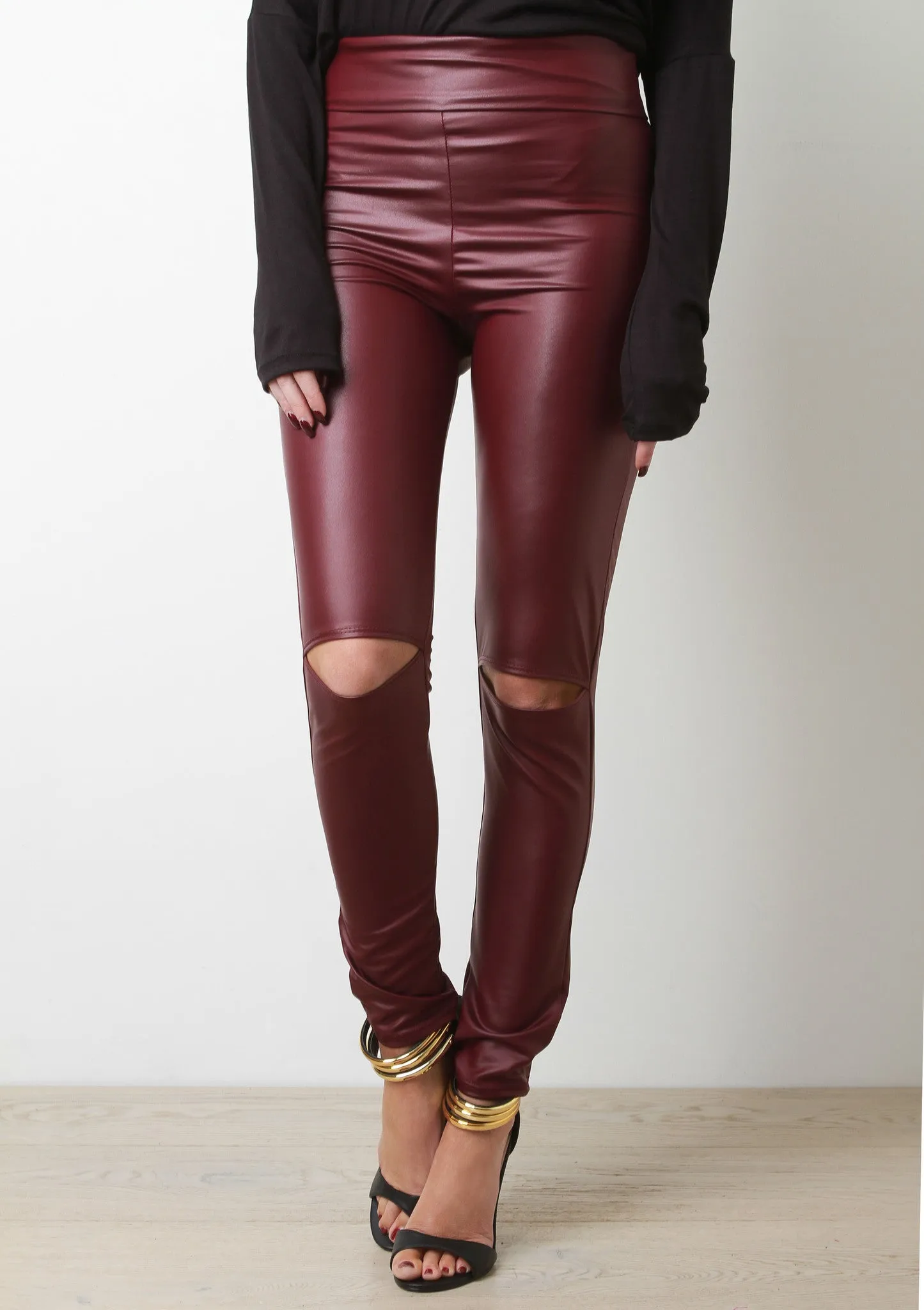 High Waist Slit Knees Vegan Leather Leggings