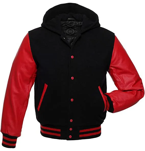 Hooded Custom Varsity Letterman Bomber Jacket | Wool and Real Leather Jacket