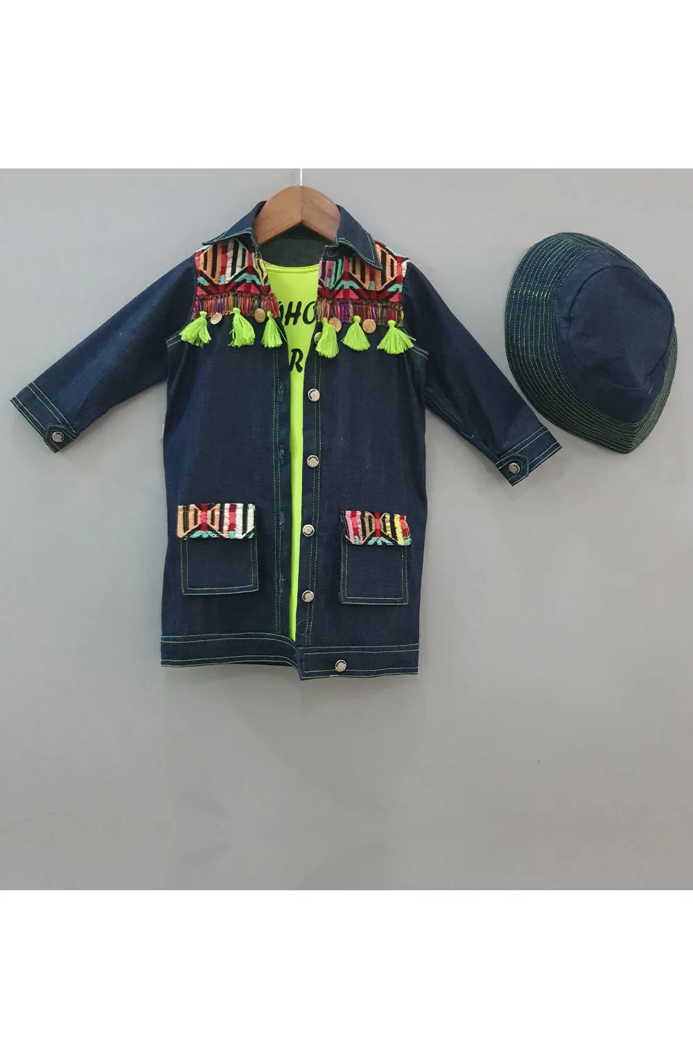 Jacket Style Denim Knee Length Dress With Neon Inner And Cap