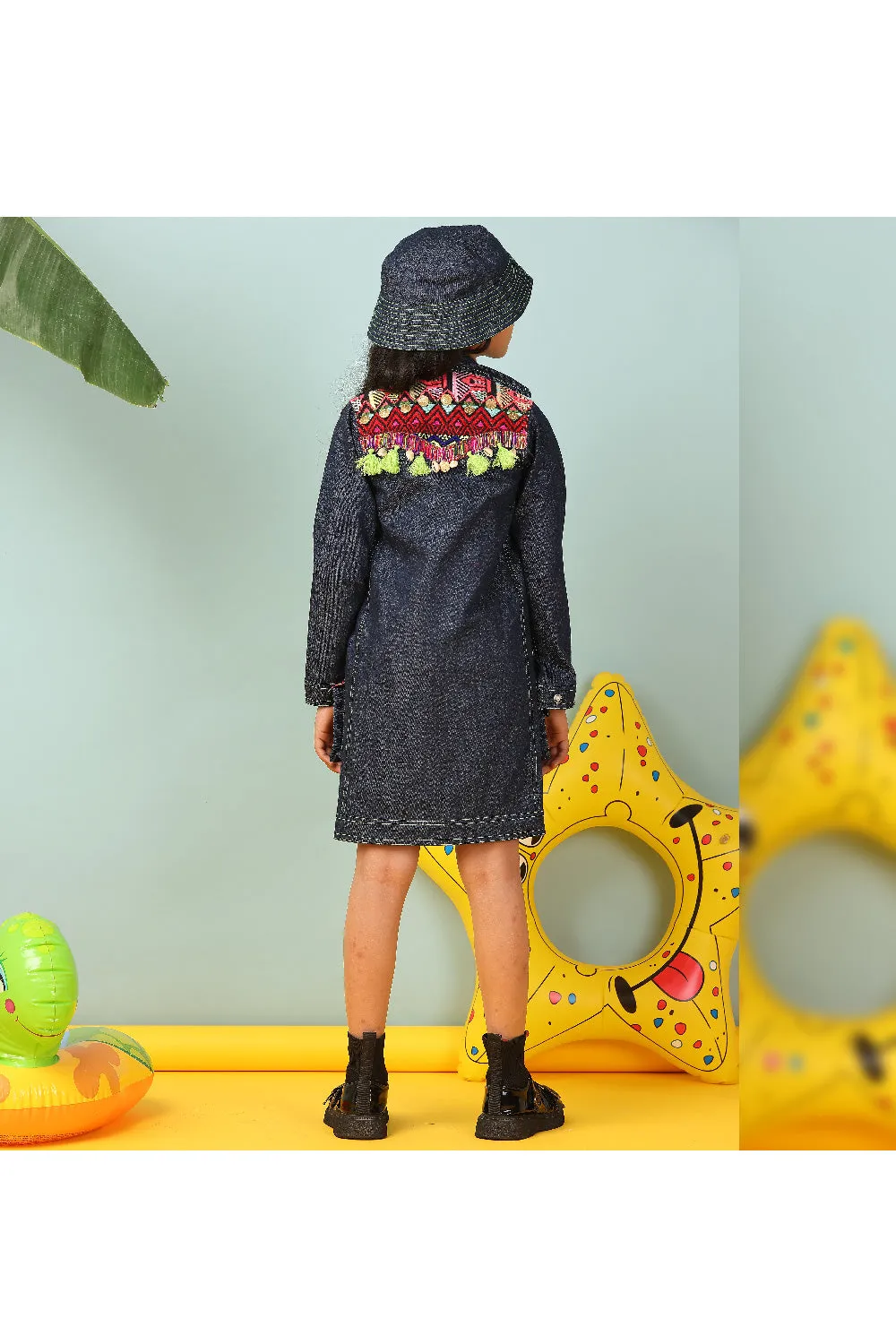 Jacket Style Denim Knee Length Dress With Neon Inner And Cap