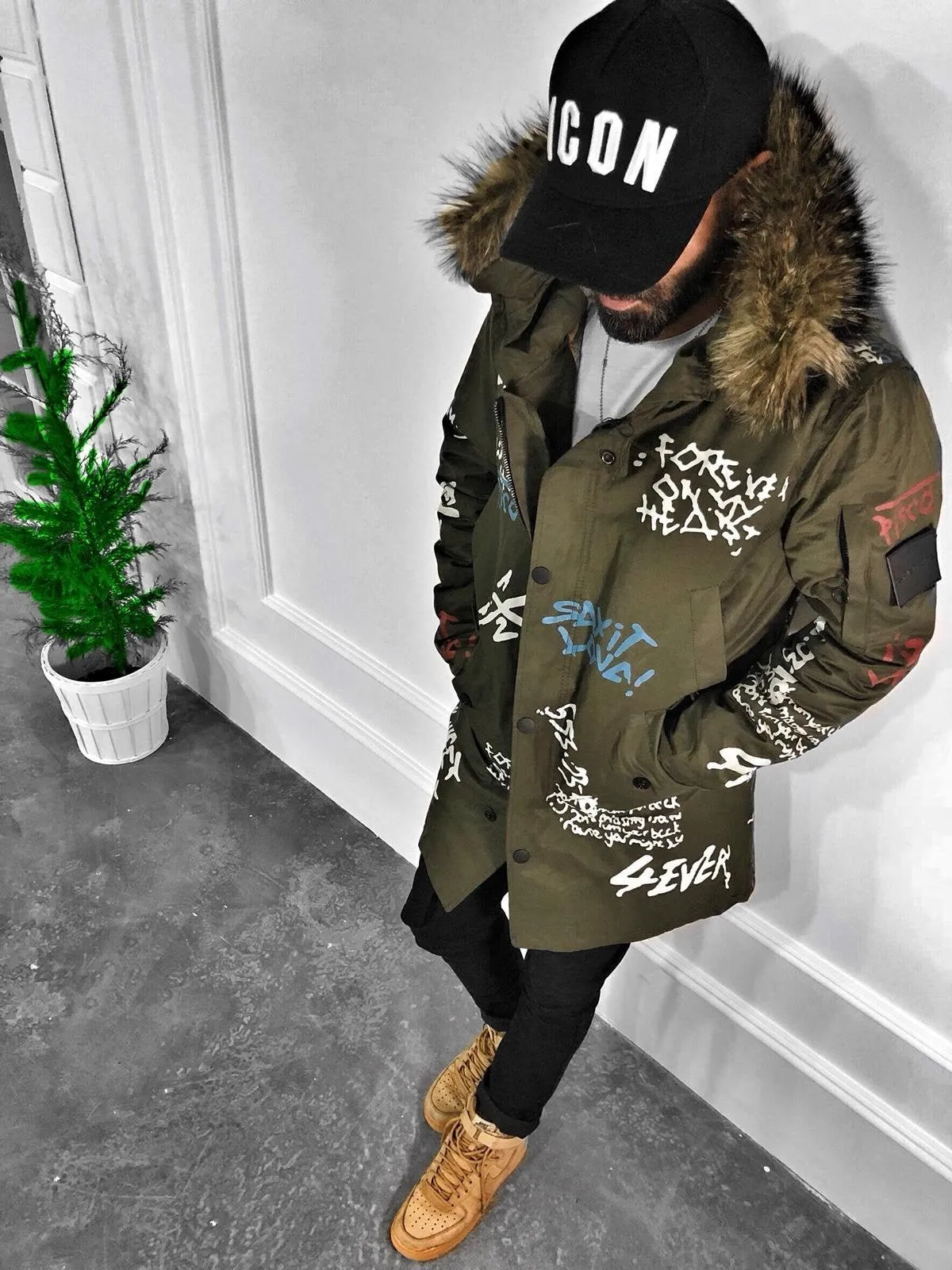 Khaki Printed Fur Oversize Jacket S192 Streetwear Oversize Jacket