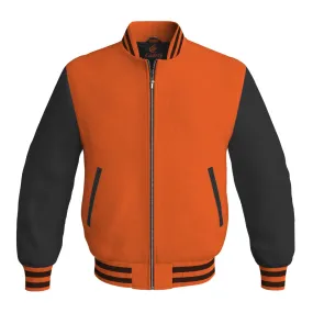 Ladies Varsity Jacket Orange Body and Black Leather Sleeves Bomber Jacket