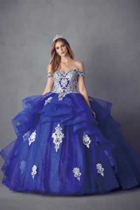 Layered Off Shoulder Glitter Ball Gown by Juliet 1432