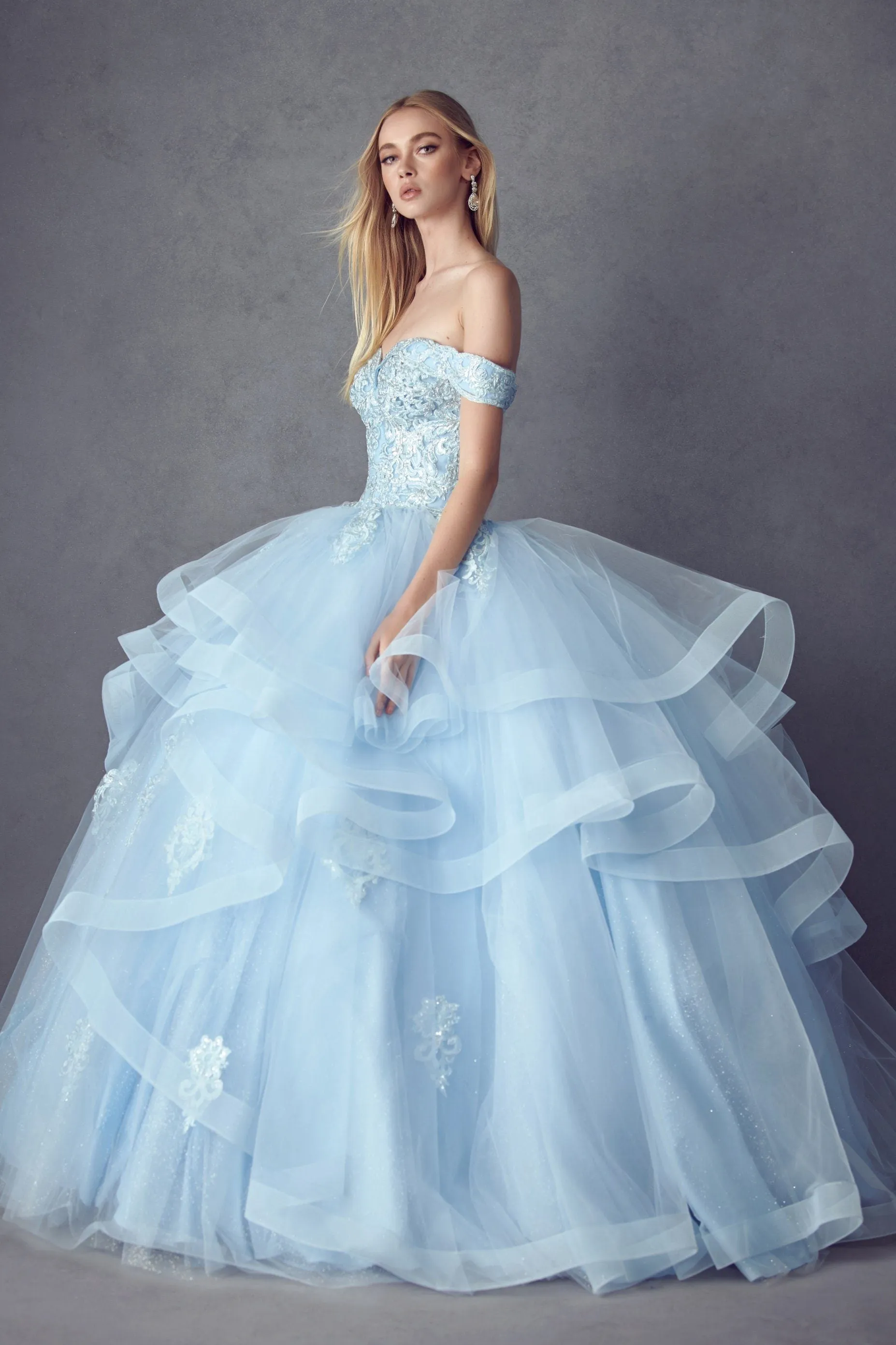 Layered Off Shoulder Glitter Ball Gown by Juliet 1432