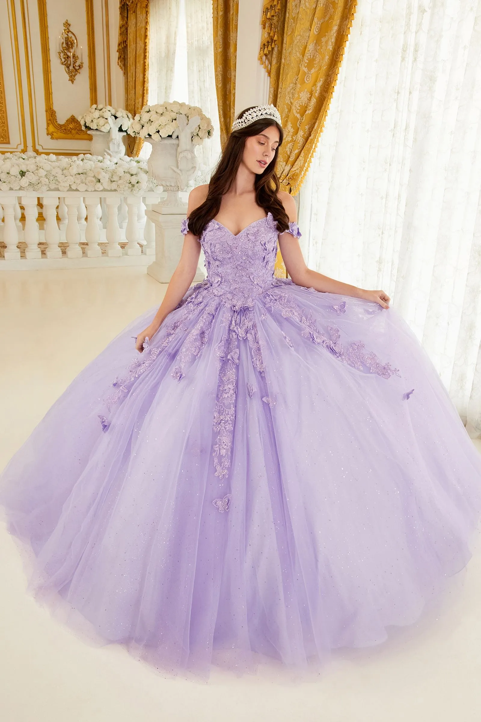 LAYERED TULLE BALL GOWN WITH LACE APPLIQUE CD15709