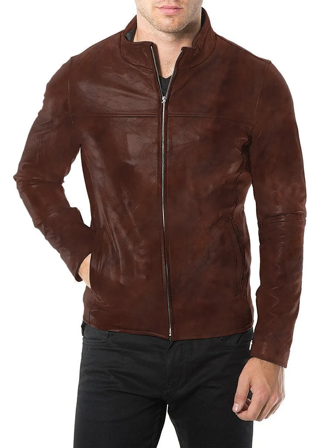 Leather Jackets Hub Mens Genuine Lambskin Leather Jacket (Black, Racer Jacket) - 1501169