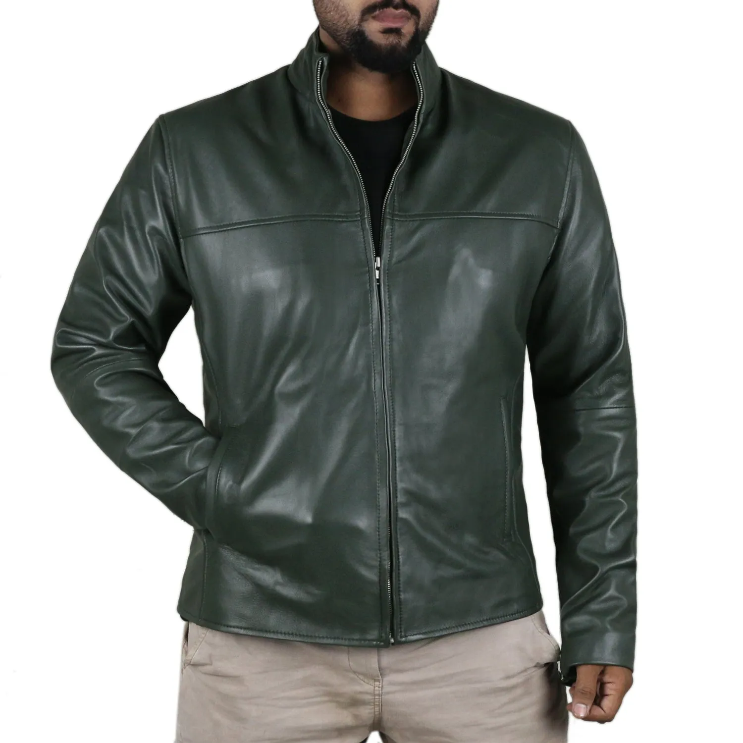 Leather Jackets Hub Mens Genuine Lambskin Leather Jacket (Black, Racer Jacket) - 1501169