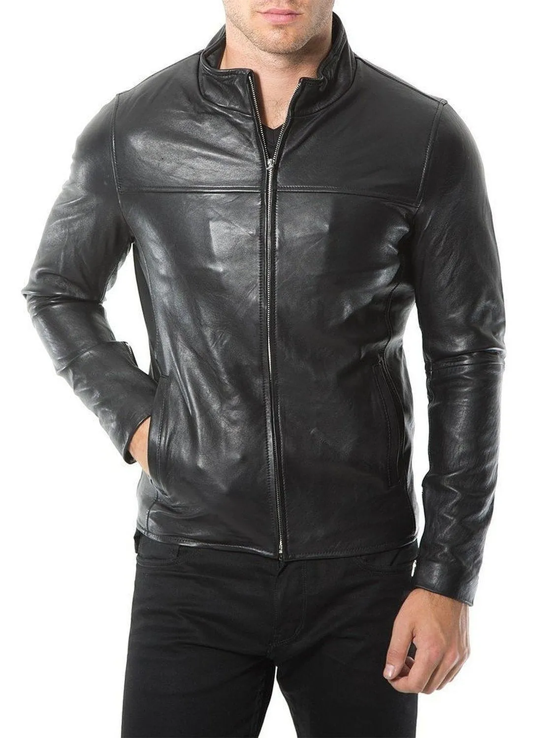 Leather Jackets Hub Mens Genuine Lambskin Leather Jacket (Black, Racer Jacket) - 1501169