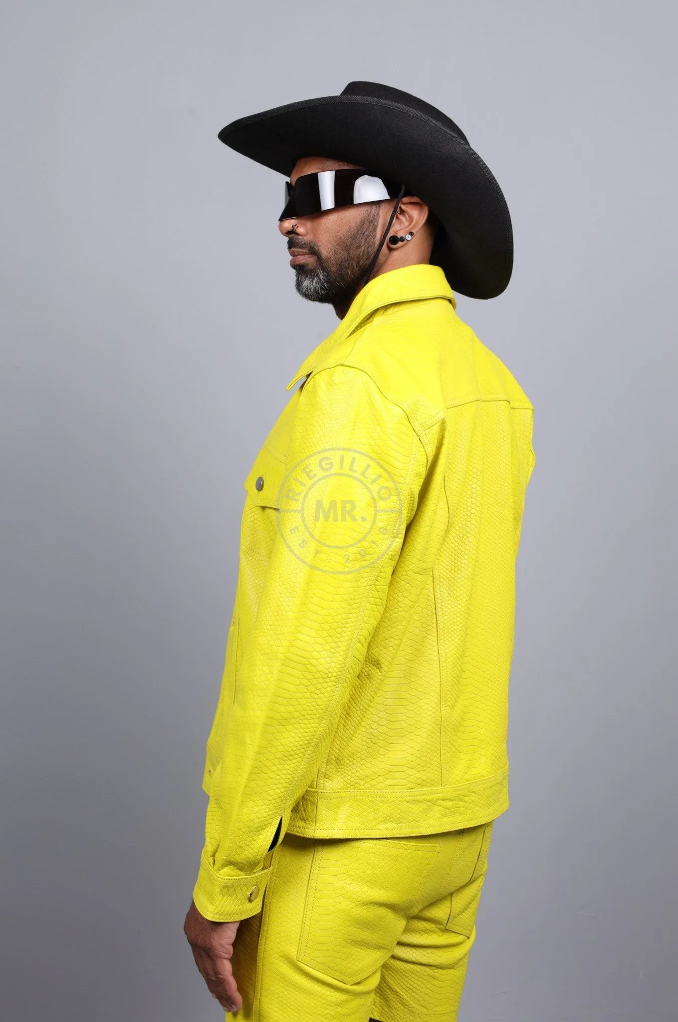 Leather Snake Trucker Jacket - Neon Yellow