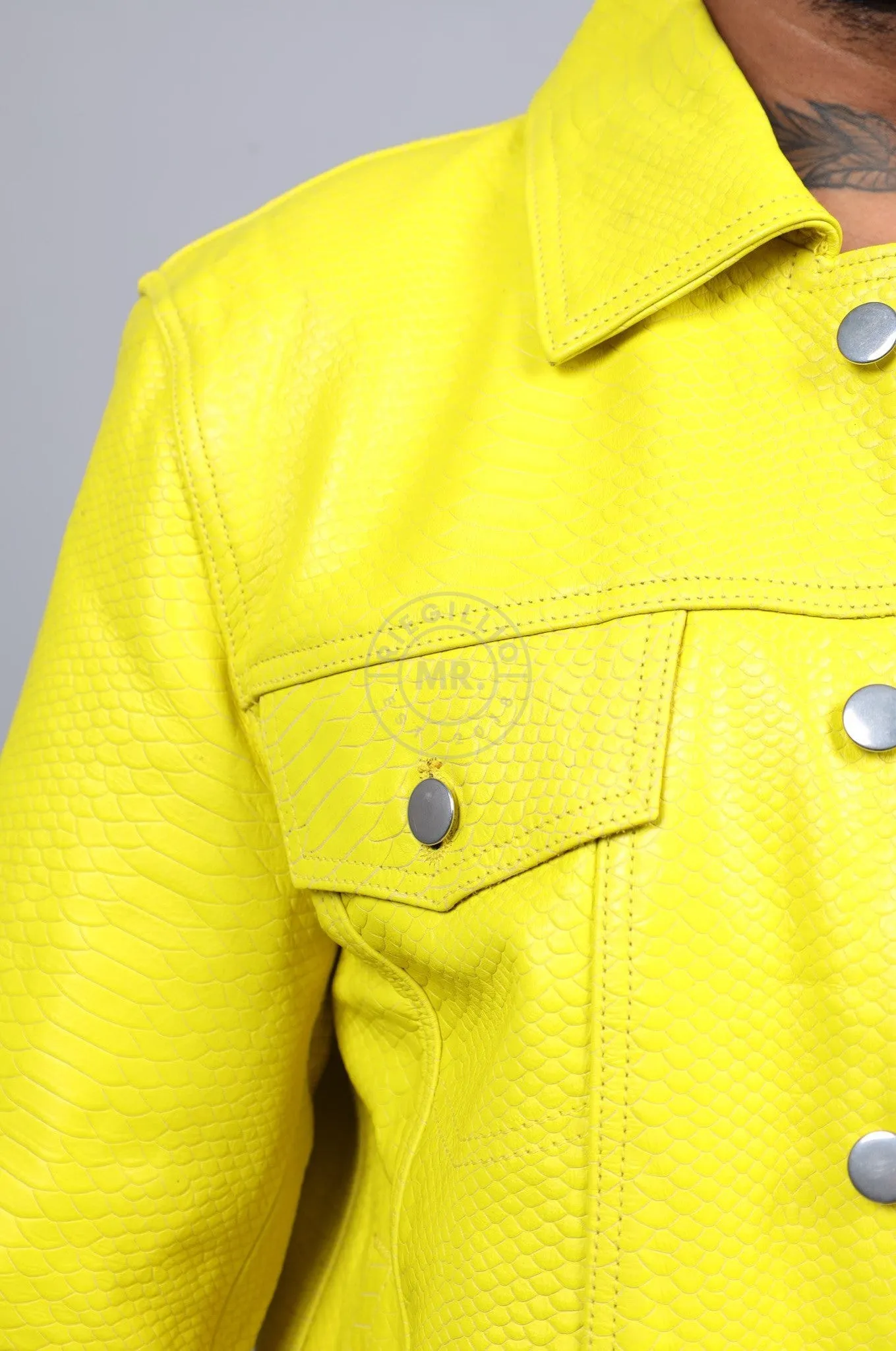 Leather Snake Trucker Jacket - Neon Yellow