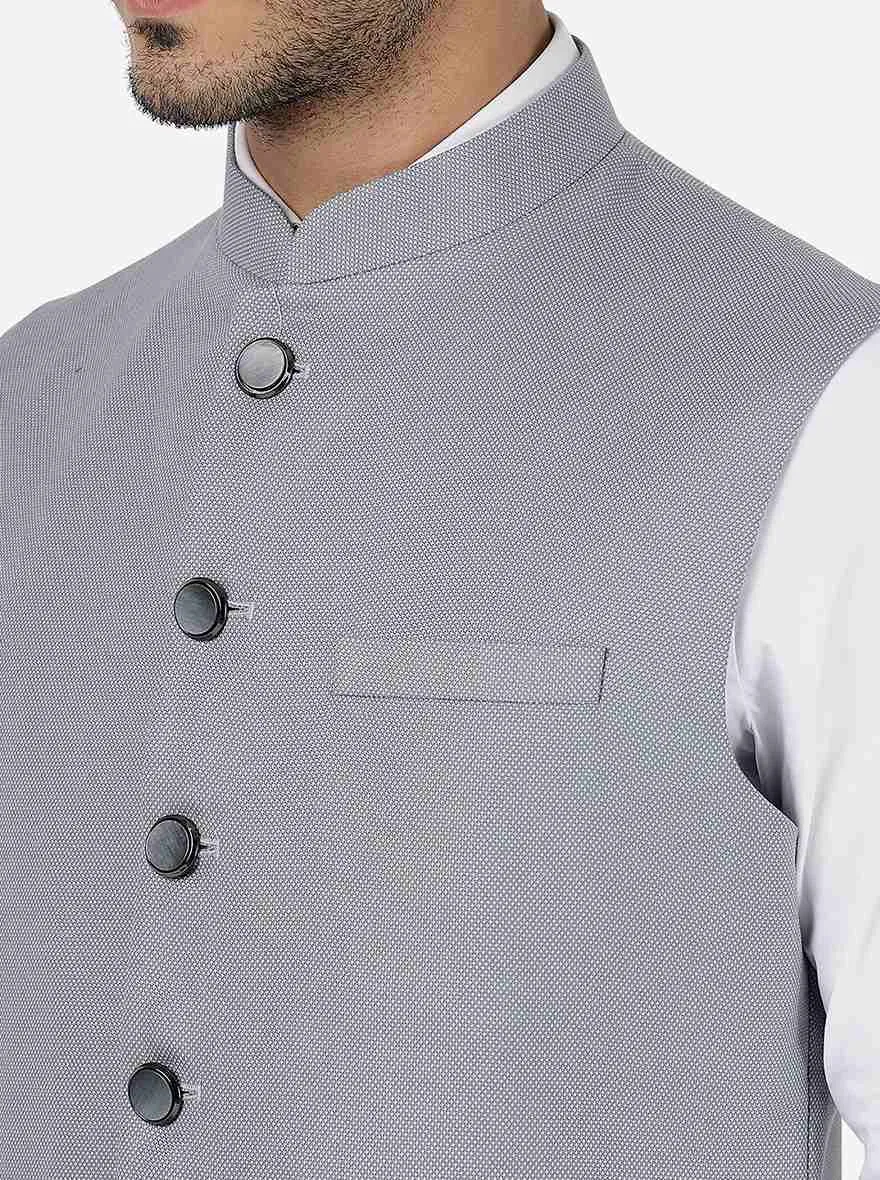 Light Grey Solid Regular Fit Bandhgala Jacket | Greenfibre