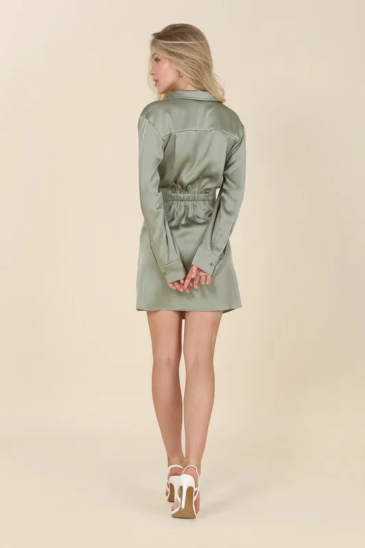 Long-Sleeved Satin Collared Wrap Mini Dress