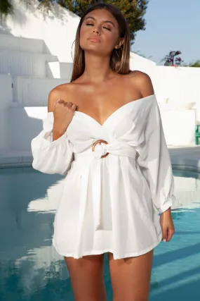 Loop The Loop Off The Shoulder Bardot Shirt Dress in White