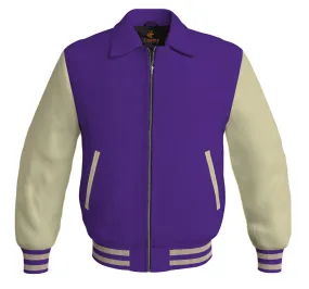 Luxury Bomber Classic Jacket Purple Body and Cream Leather Sleeves