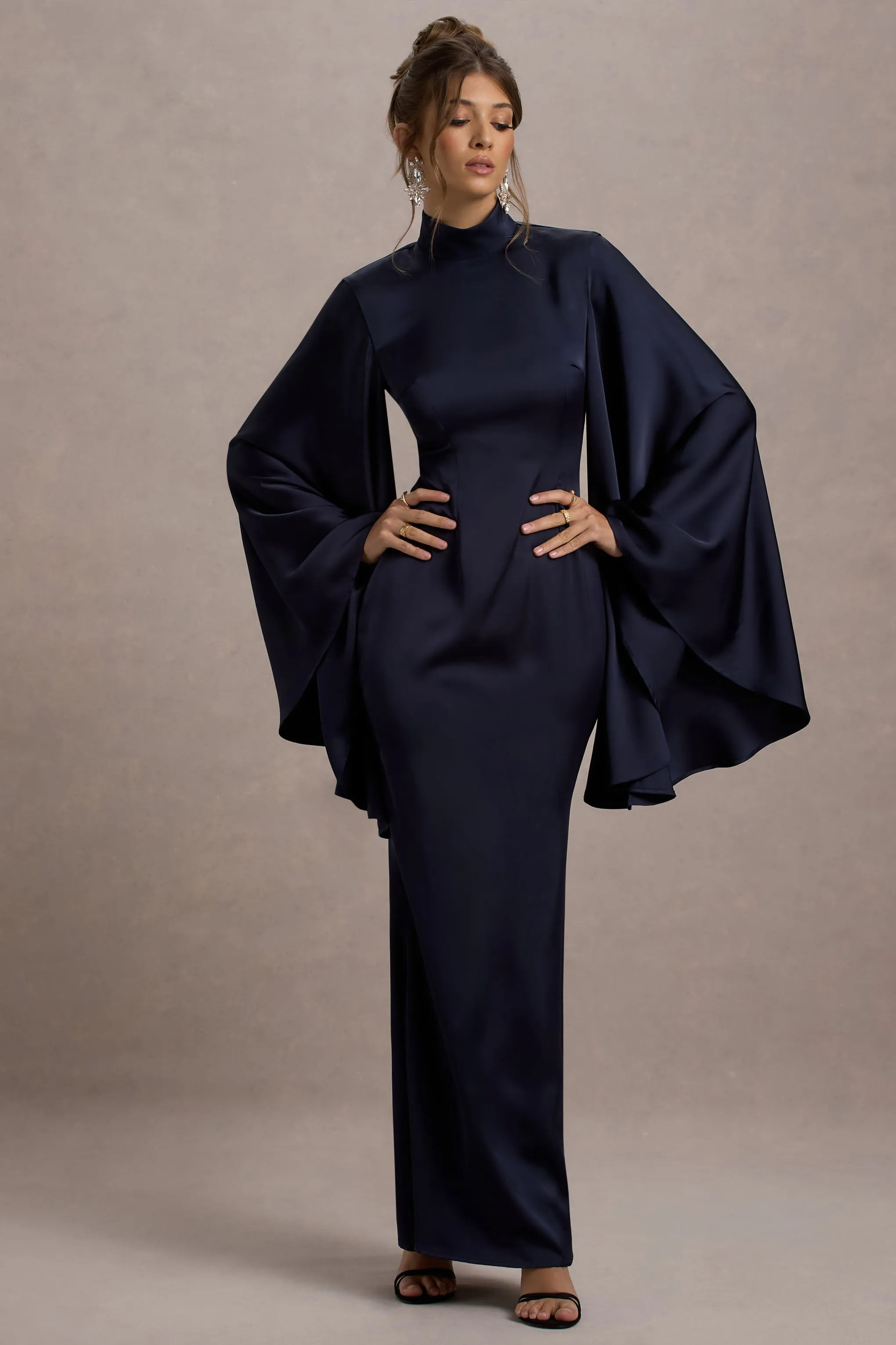 Maceline | Navy Satin High-Neck Maxi Dress With Cape Sleeves