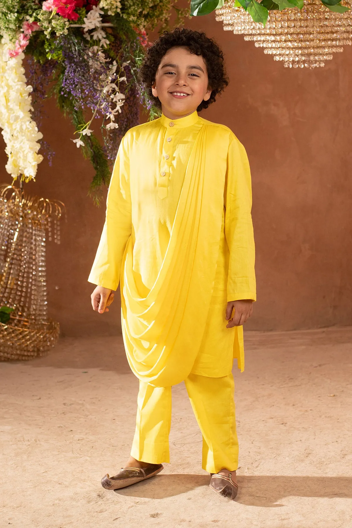 Meherzad - Embroidered 

Yellow Nehru Jacket Paired With Drape Kurta & Trouser Set