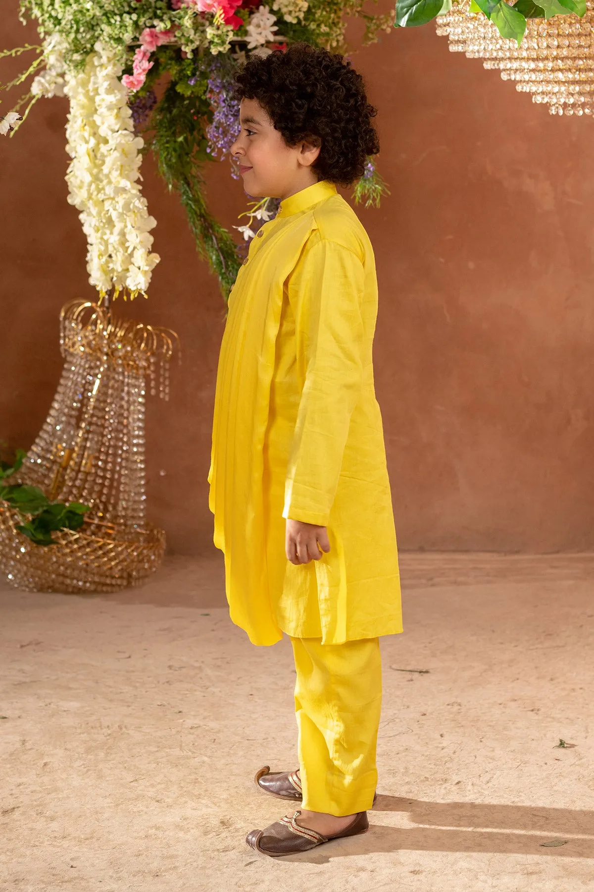 Meherzad - Embroidered Yellow Nehru Jacket Paired With Drape Kurta & Trouser Set