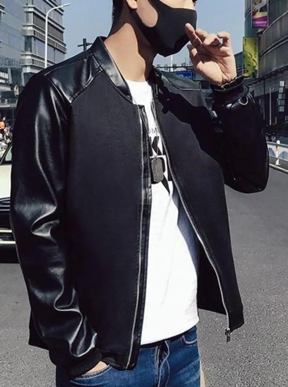 Mens Bomber Jacket with Vegan Leather Sleeves