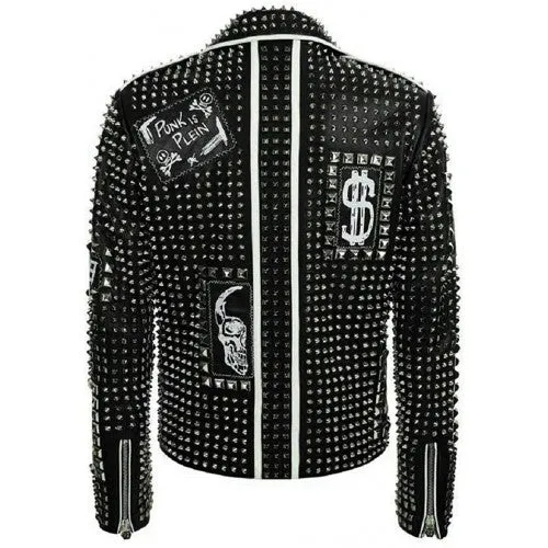 Men’s Brando Studded Multi Patches Punk Leather Jacket in Black