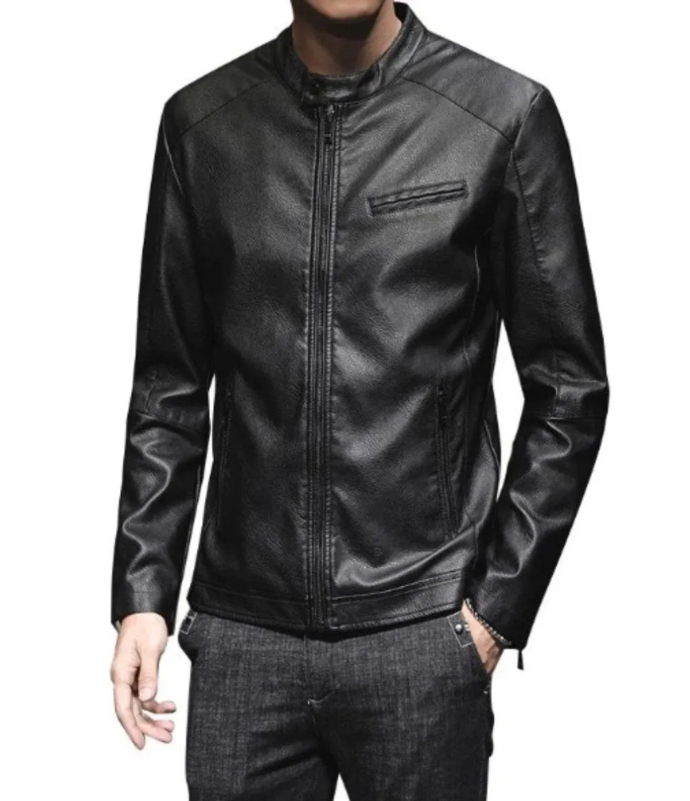 Mens Round Neck Zipped Up Vegan Leather Biker Jacket