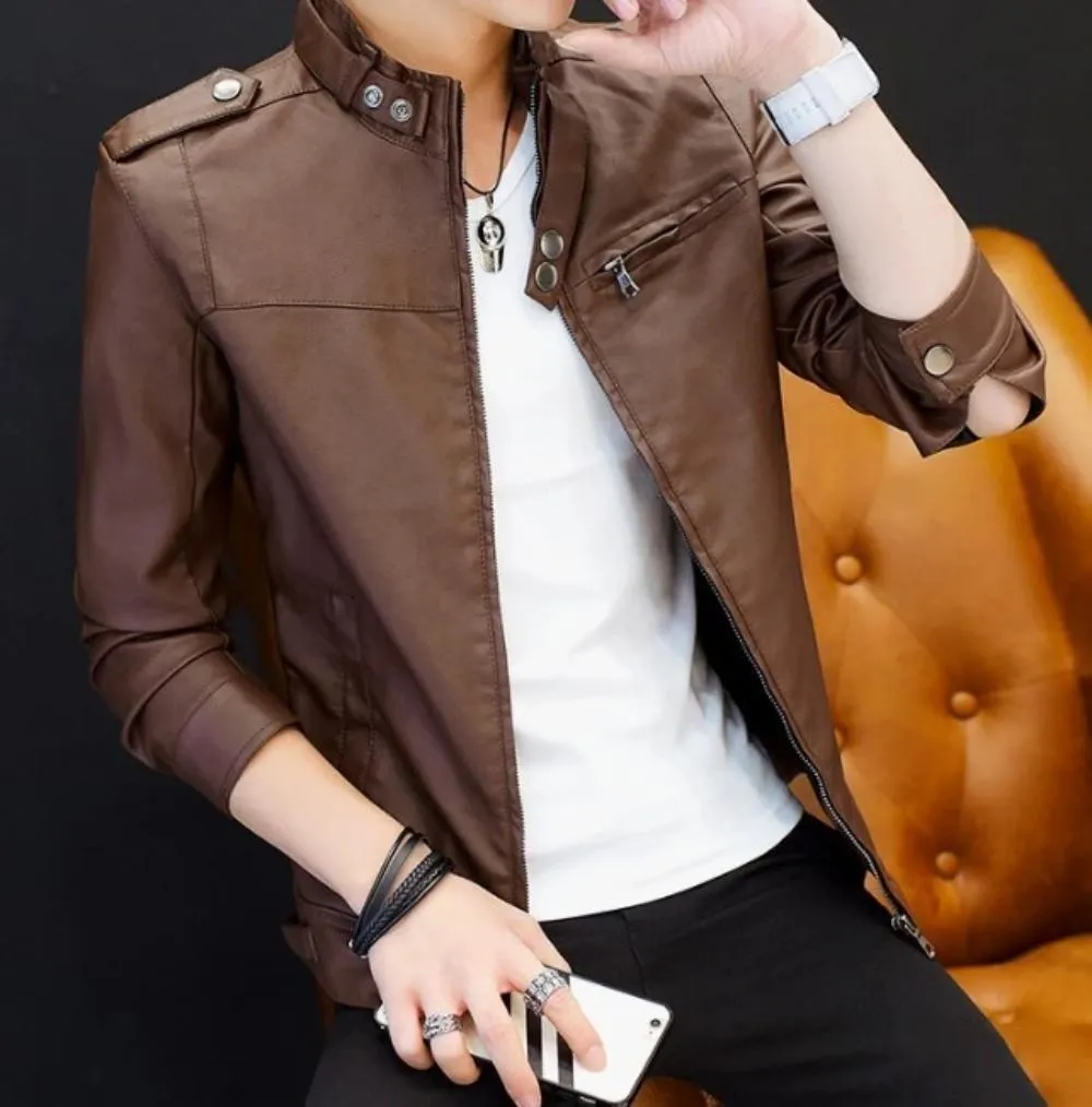 Mens Stand Collar Faux Leather Biker Jacket