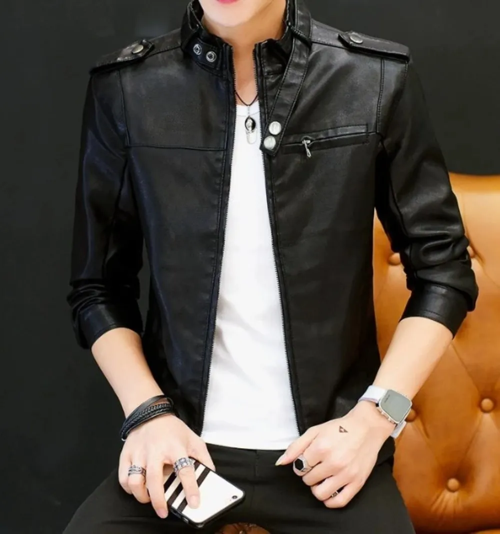 Mens Stand Collar Faux Leather Biker Jacket