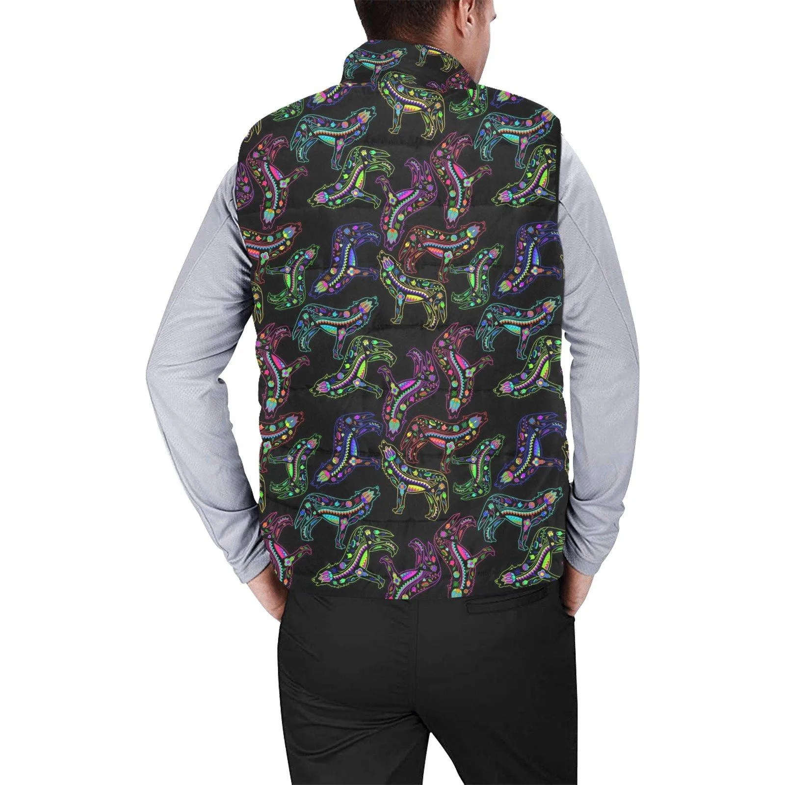 Neon Floral Wolves Men's Padded Vest Jacket